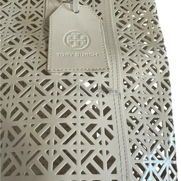 TORY BURCH White Off-White Laser Cut Designer Tote Shopper Pool Bag NWOT - Picture 7 of 13
